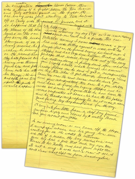 Moe Howard's Handwritten Manuscript Page When Writing His Autobiography -- Funny Anecdotes by Moe, ''never could tell what would happen in one of our comedies'' -- Two Pages on One 8'' x 12.5'' Sheet